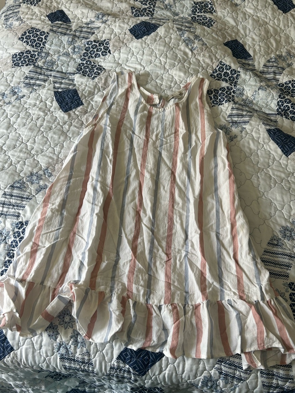 Cozy Casual Women’s Sleeveless Striped Ruffle Hem tunic - White, Pink & Blue